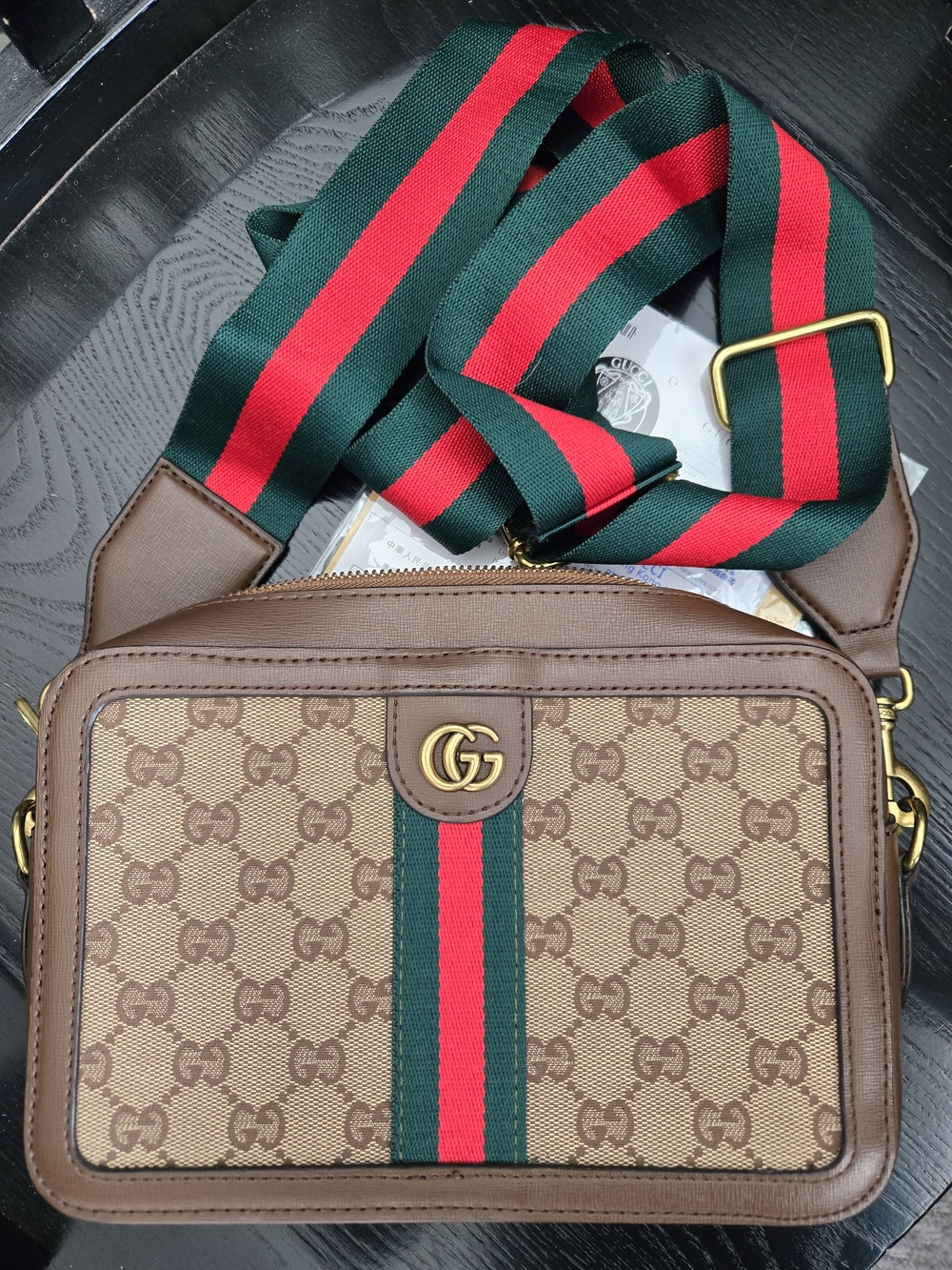 Gucci Brown GG Canvas Messenger Bag with Green and Red Web Stripe